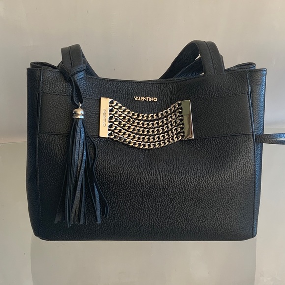 Valentino Handbags - Valentino Black Leather Shoulder Bag with 
Silver Chain Detail